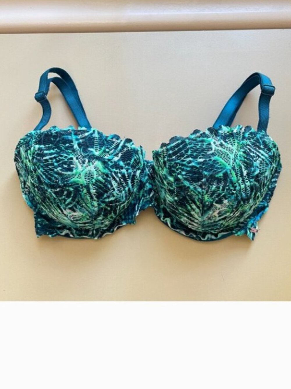 Victoria's Secret PINK Bra Date Push Up Blue Green Palm Leaf Fern Floral 34DD